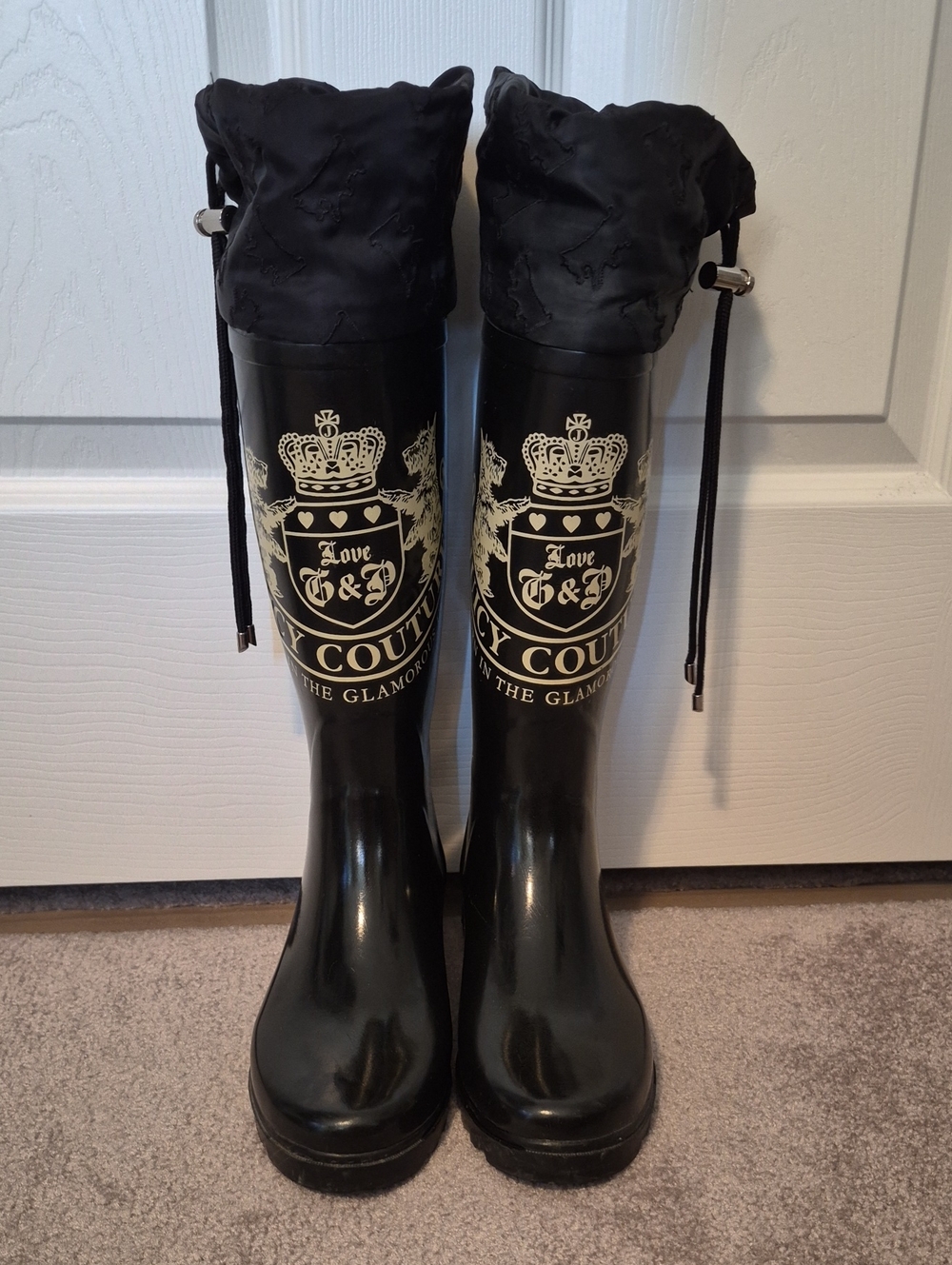 Juicy Couture Black and Cream Logo Rain Boots with Drawstring Cuff